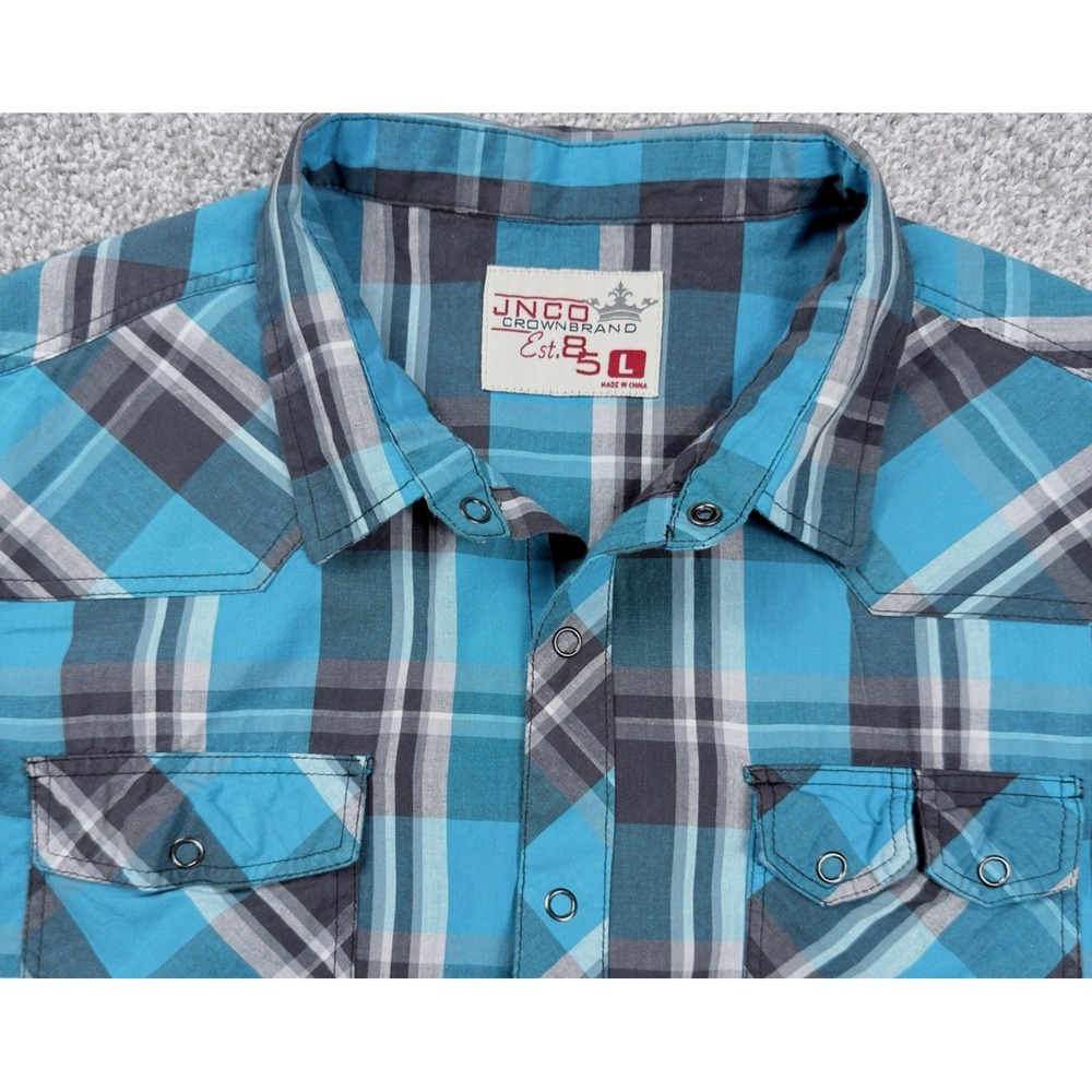 JNCO Crown Brand Shirt Men L Blue Plaid Snap Front Y2K Skate Streetwear